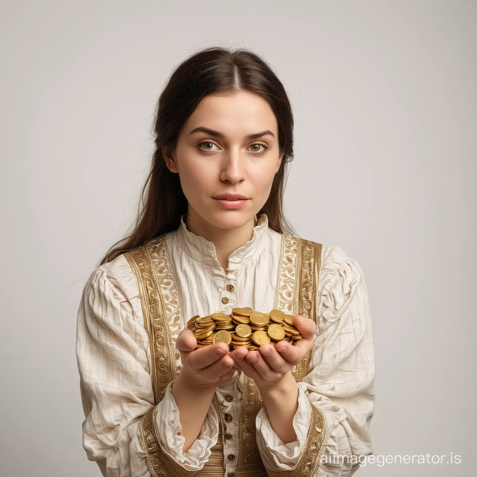 a woman from the Middle Ages holding gold coins in her hands. Image on a white background. Worrisome air, 