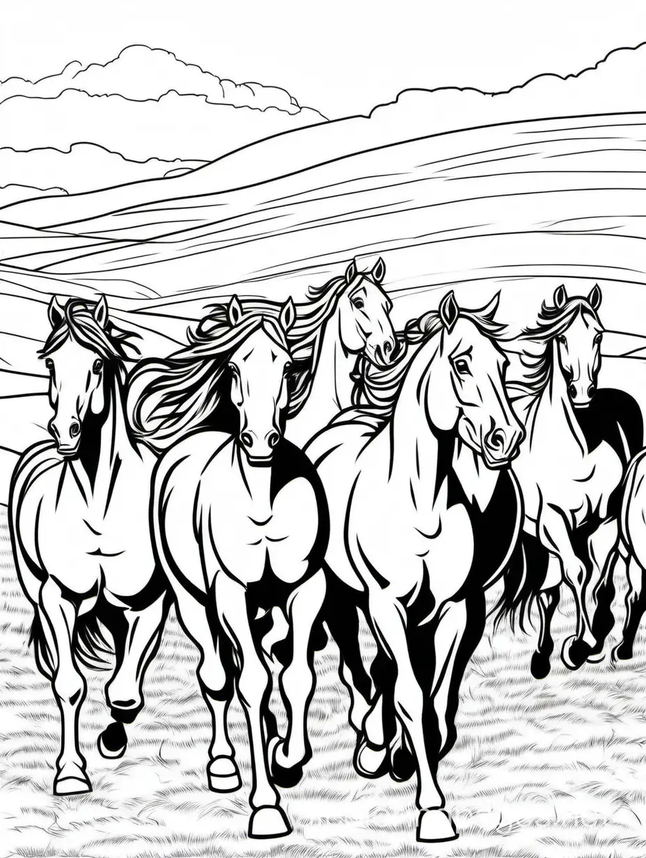 A HERD OF HORSES RUNNING ON THE PRAIRIE
, Coloring Page, black and white, line art, white background, Simplicity, Ample White Space. The background of the coloring page is plain white to make it easy for young children to color within the lines. The outlines of all the subjects are easy to distinguish, making it simple for kids to color without too much difficulty