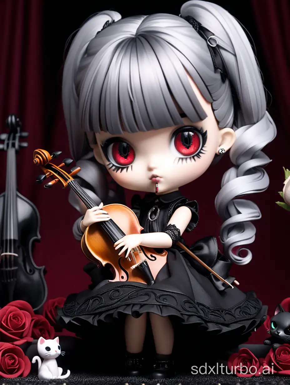 (3D-figure,chibi,blythe-doll,)(masterpiece,ultra detailed,high-quality,8k,professional,UHD,)Gothic theme, dark theme, black gothic dress, gothic makeup, Monochrome gothic room, , Playing the cello,hair ornaments, white hair,(blunt  bangs, curly hair,twin ponytails),red eyes,ruby-like eyes,black carpet floor,black cats,bunches,roses,large-eyed