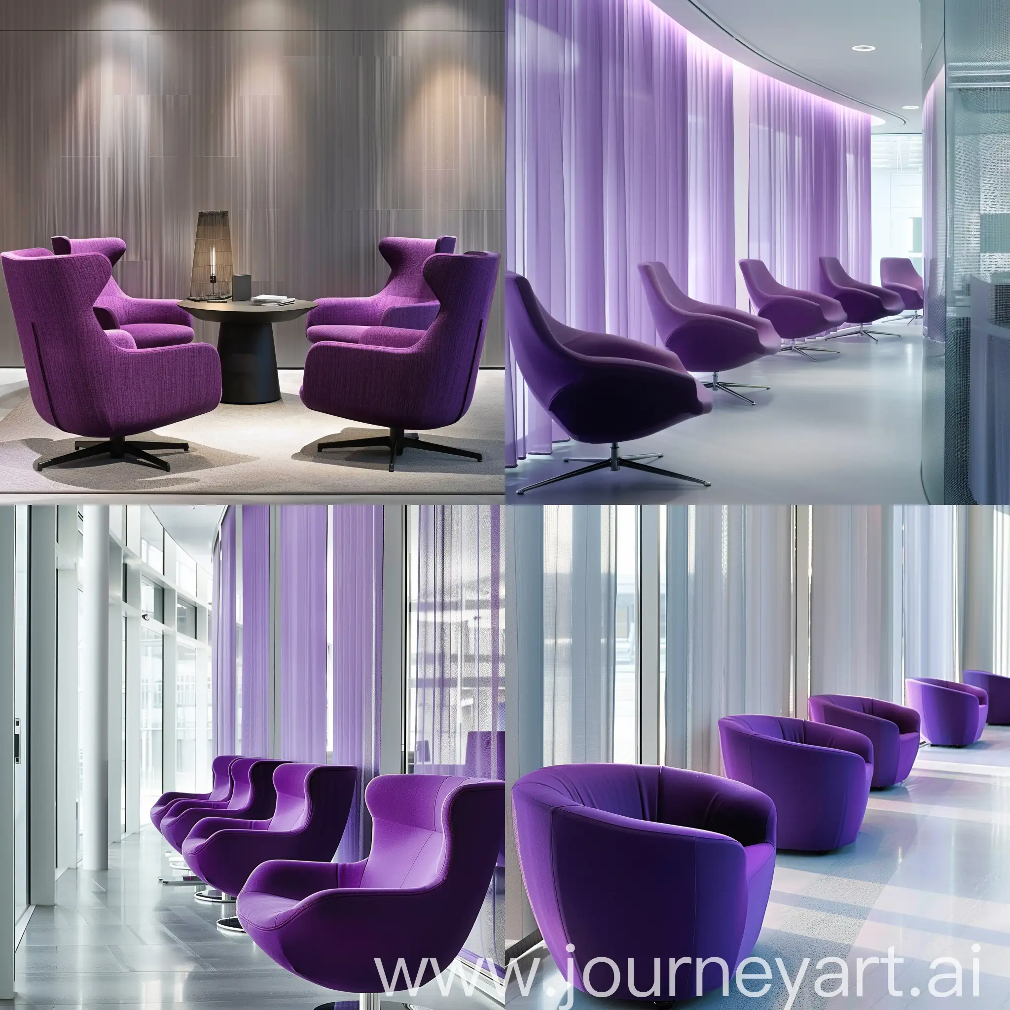 design waiting area, administrative office, reductionism design, simplicity and purity, fabric, purple colour.
