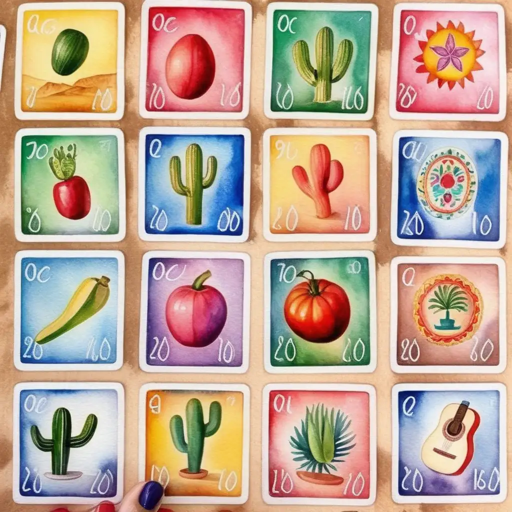 Colorful Mexican Loteria Game in Vibrant Watercolors