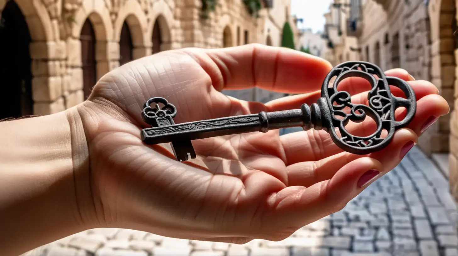 epoque biblique, une magnifique clé en fer forgé, dans la paume de la main d'une femme, très belle main manucurée ongles bordeaux, dans le fond une rue de Jerusalem