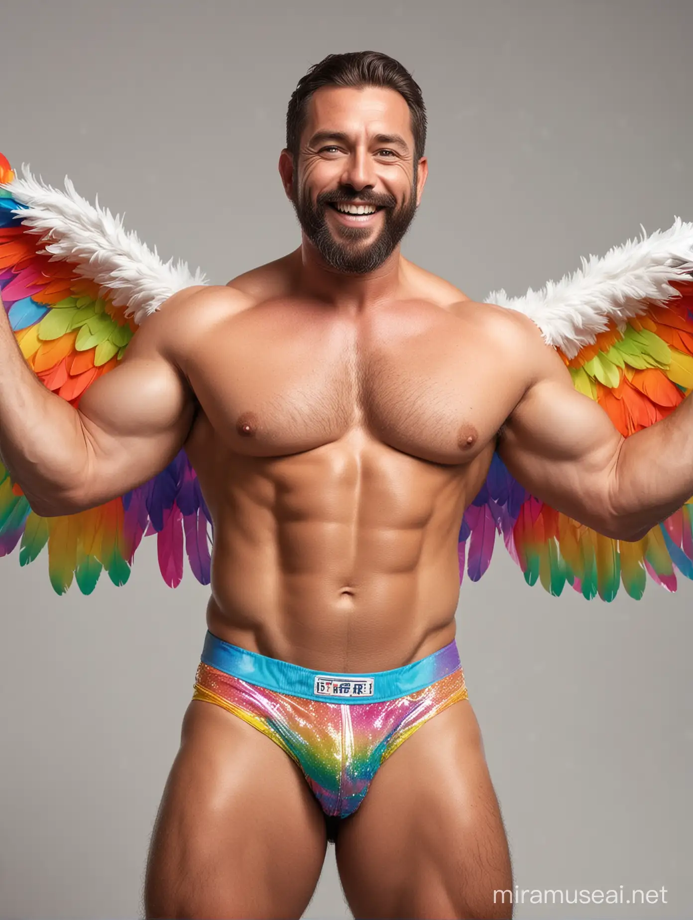 Studio Light Topless Green Eyes 40s Beard Ultra Beefy Bodybuilder Daddy with Great Smile wearing Multi-Highlighter Bright Rainbow Colored See Through huge Eagle Wings Shoulder Jacket short shorts and Flexing his Big Strong Arm Up with Doraemon