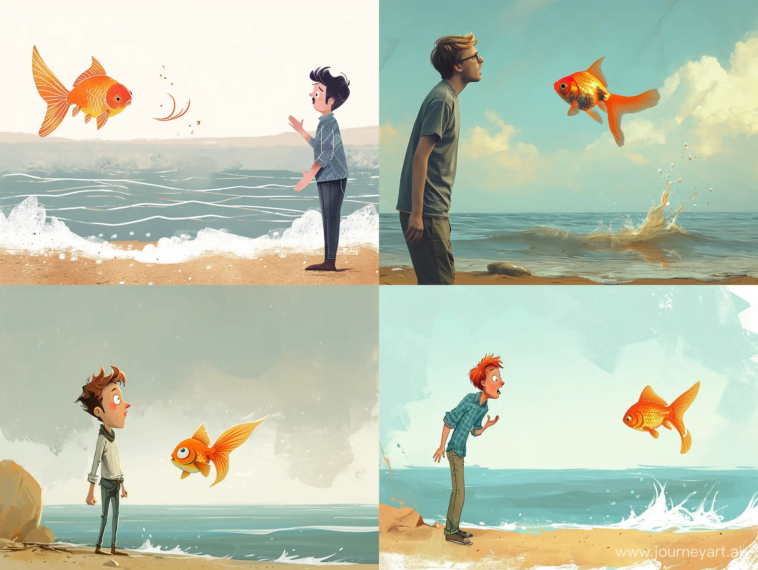 A surprised and indignant tall young IT-guy standing on the shore looks at a small digital goldfish that swims away from him into the sea, waving its tail.