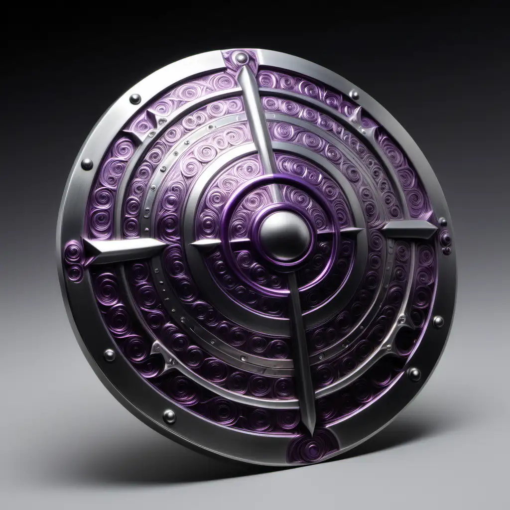 thick circular shield. heavy. iron. entirely made of metal. entirely smooth surface. no etchings or engravings. smooth finish. dense looking. 3 inches thick. silver and purple. glossy. slanted view. very intricately and microscopically detailed.