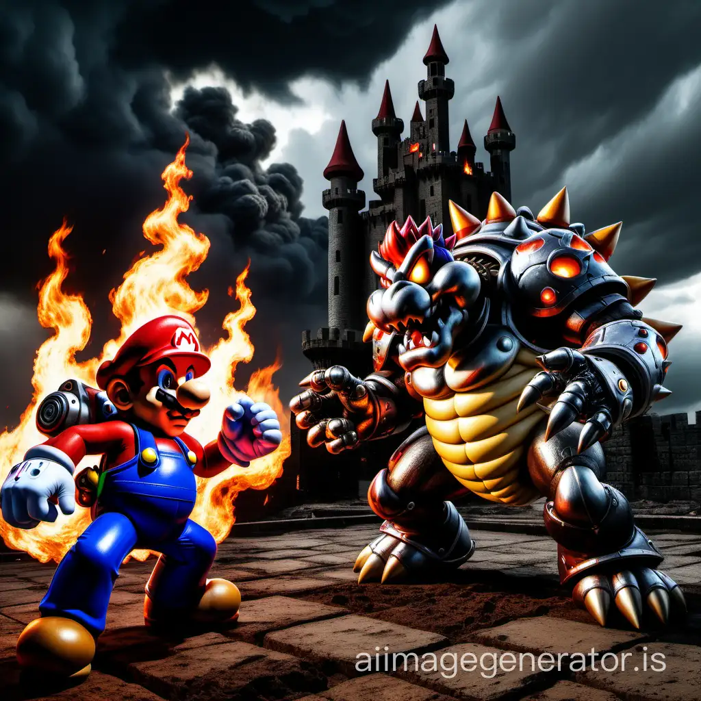 Cyborg Mario and dark Bowser fighting in front of a burning castle with a stormy sky. Make Mario smaller than Bowser
