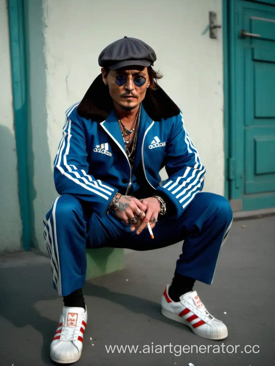Johnny Depp, who has moved to Russia, is squatting in an Adidas suit with shoes and an ushanka hat, smoking a cigarette 