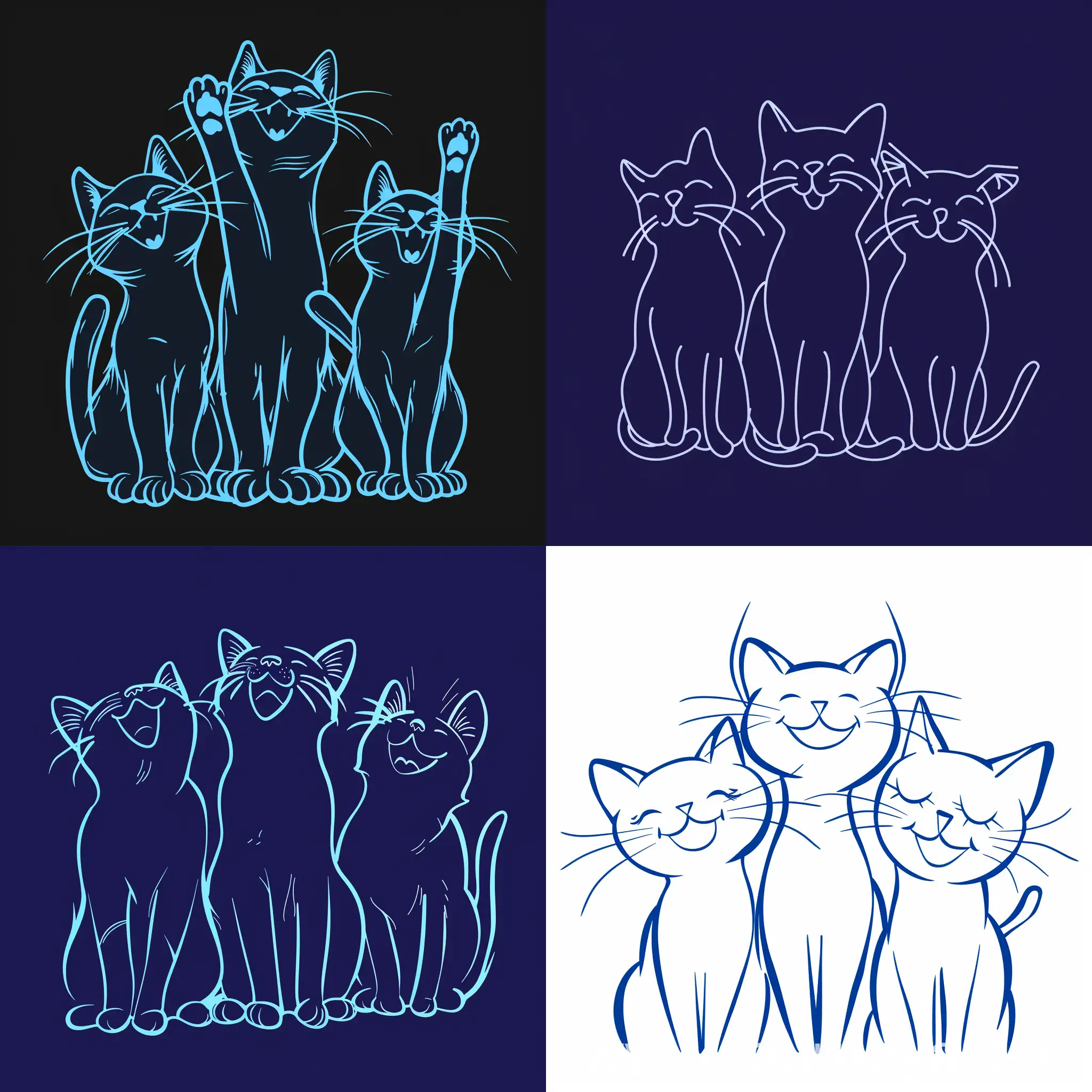 abstract minimalistic blue outlines of three playful cats, cats are happy and satisfied, cartoon style