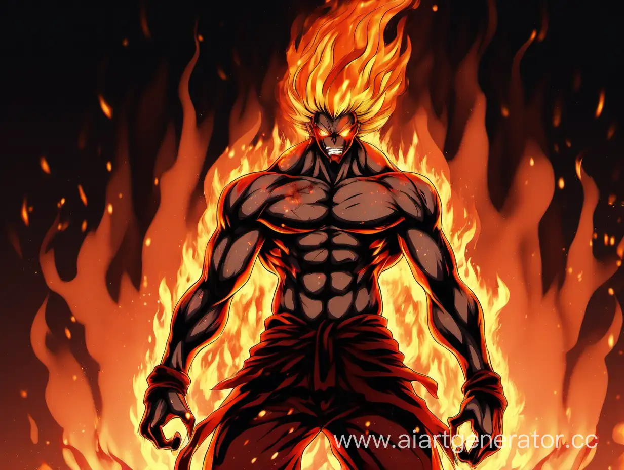 An evil and big Anime character on fire, he is very fierce