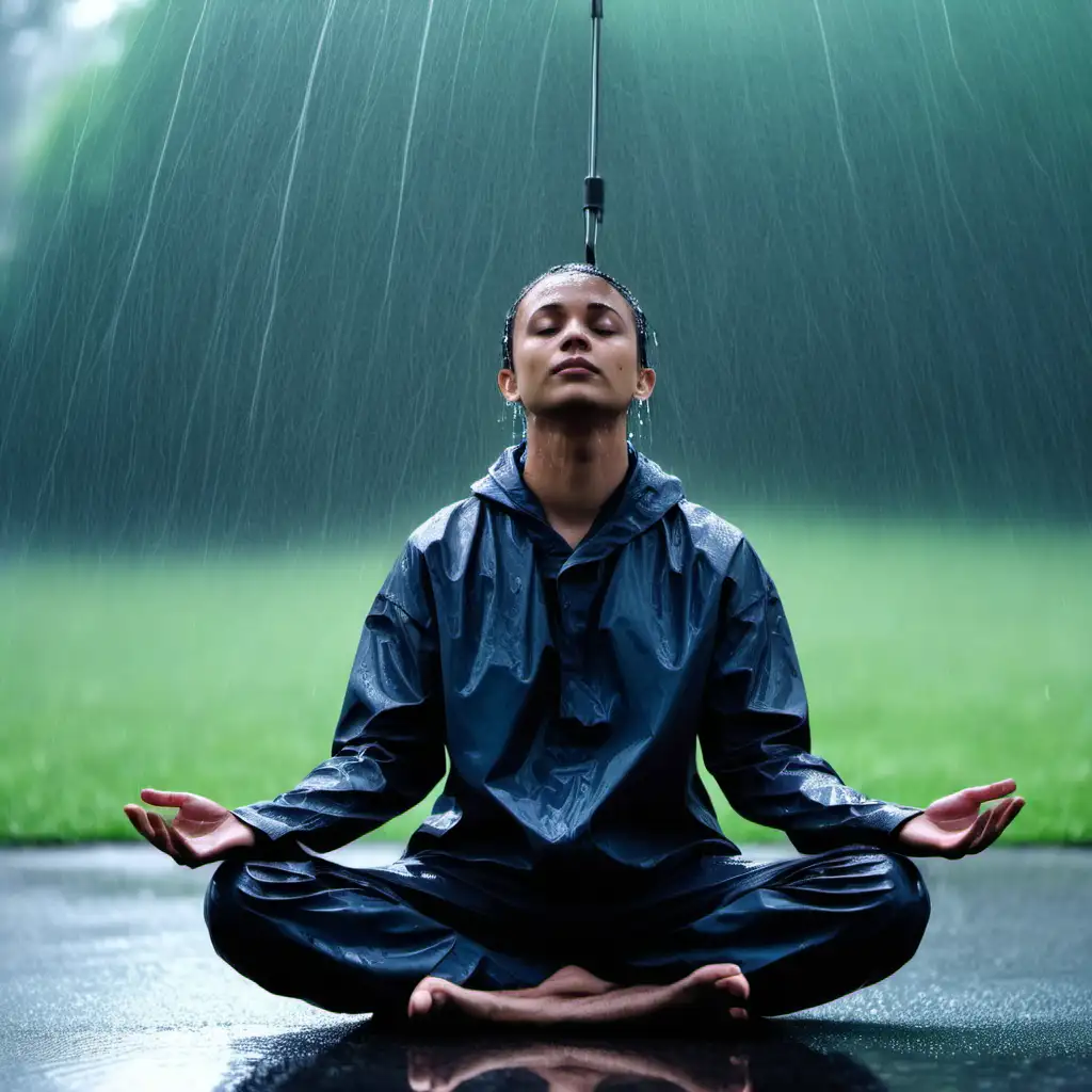 A person mediating in rain outside
