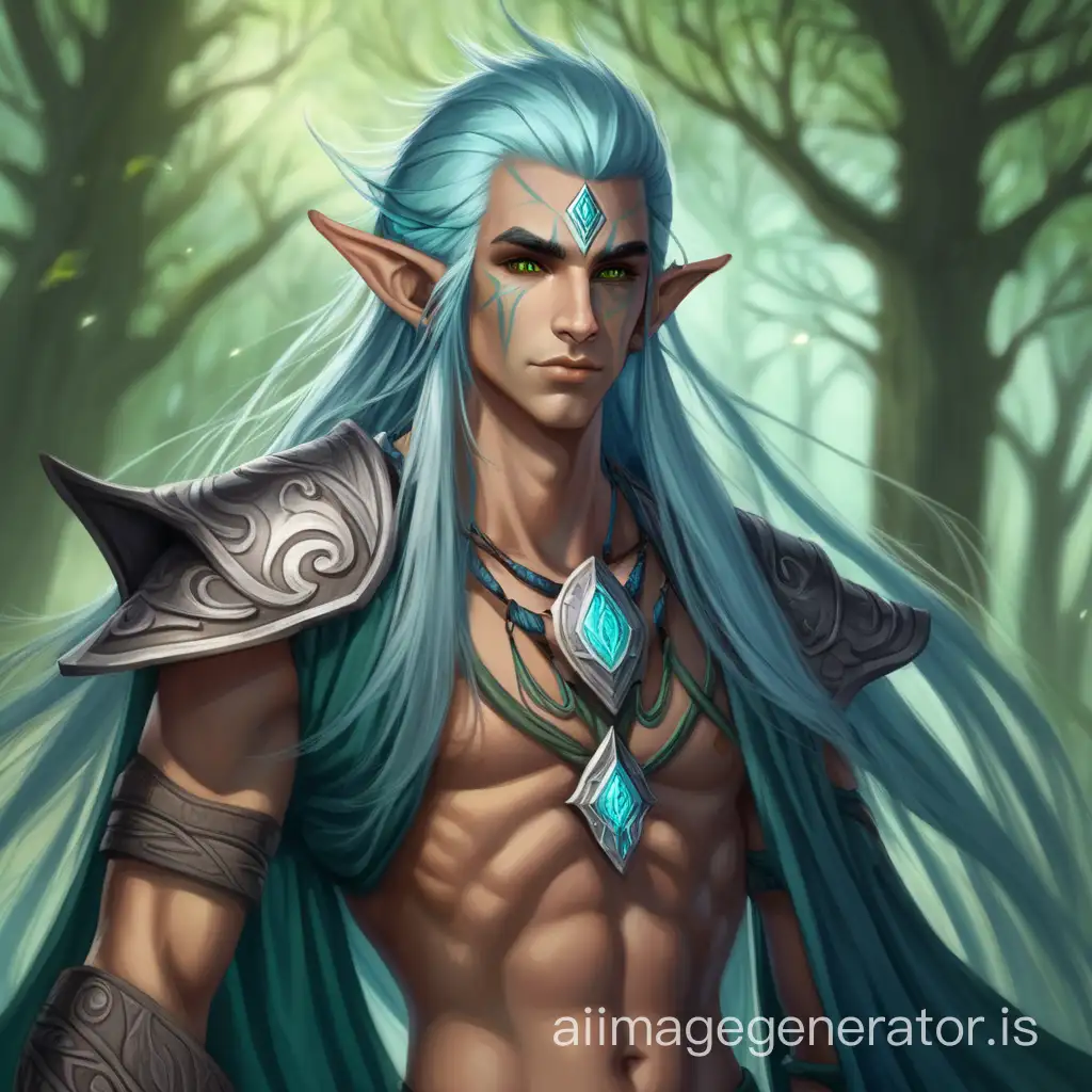 Beautiful male shadow elf druid. I want a normal color for his skin. I want him with light dark hair and silver eyes