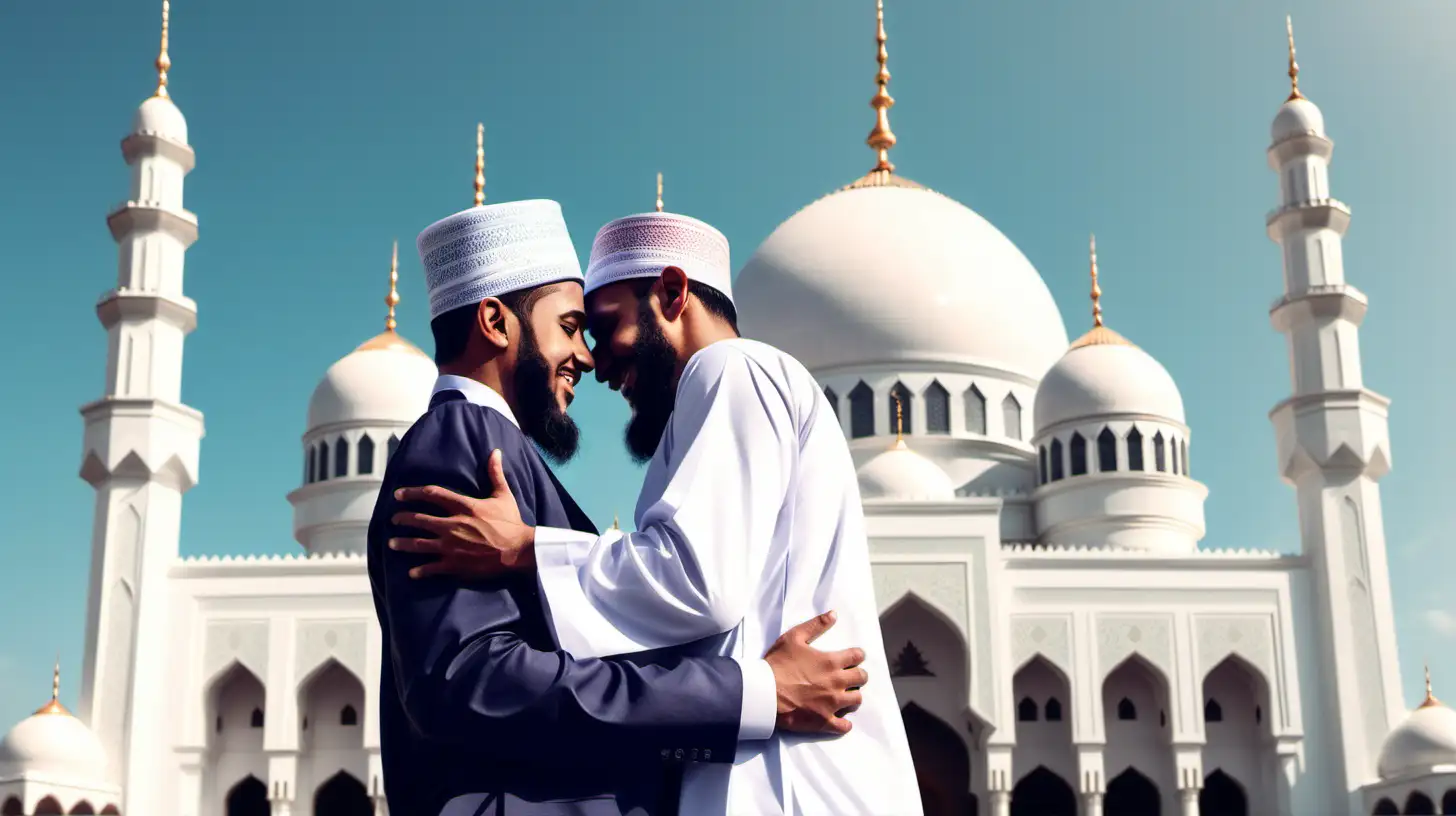 Joyful Eid Celebration Stylish Eid Mubarak Hug in Front of Magnificent Mosque