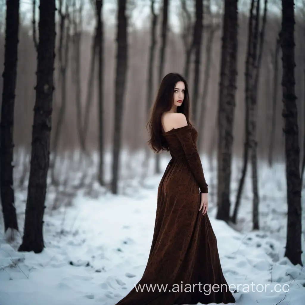 ragazza mora con vestito lungo in un bosco di inverno