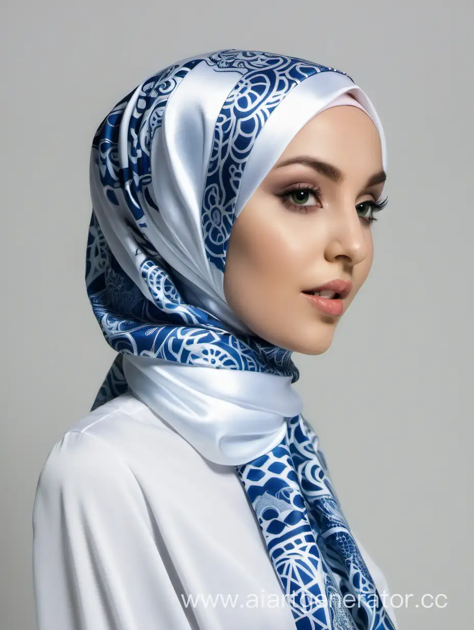 Девушка в атласном хиджабе белого цвета с голубыми узорами