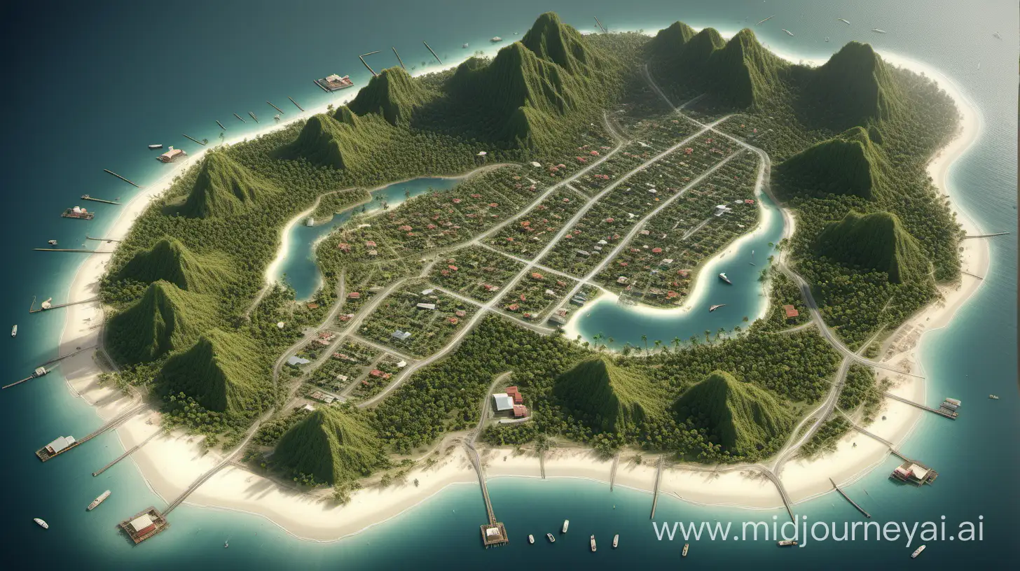 High resolution, {map}, realistic. Focus on details of one-fourth of the island with 3D rendering. Island is less developed, tropical island based on the koh phanang. Show part of island with agriculture land growing pineapple, palm trees, and sugarcane. Include small huts and residential area and show roads leading to other part of island. 