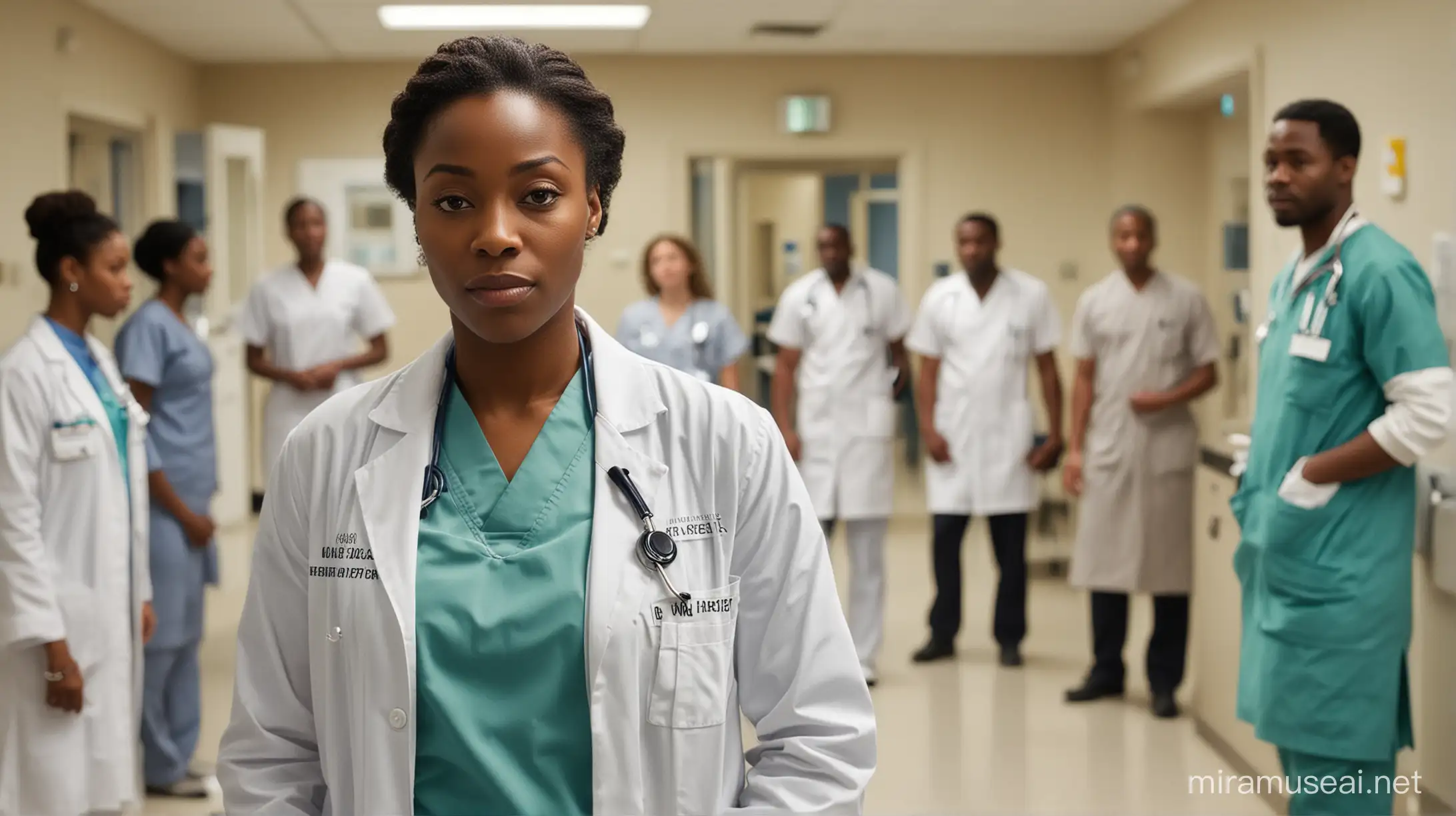 In the heart of a bustling hospital ward, an African American doctor stands with poise and authority, a beacon of calm amidst the organized chaos. Dressed in the distinctive white coat of their profession, they exude confidence and expertise as they oversee the flurry of activity around them. Surrounded by nurses, medical staff, and patients, the doctor commands attention with their presence alone. Their posture is upright, their expression focused yet compassionate as they assess the needs of their patients and coordinate care. Despite the constant movement and noise of the ward, the doctor remains unruffled, their demeanor a reassuring presence for both patients and colleagues alike. With a keen eye for detail and a wealth of medical knowledge, they are a trusted leader in the midst of the medical team. As they navigate the busy hospital ward, the African American doctor embodies the values of dedication, compassion, and professionalism that define their profession. Their commitment to excellence and patient care shines through in every interaction, making them a source of inspiration and admiration for all who cross their path.