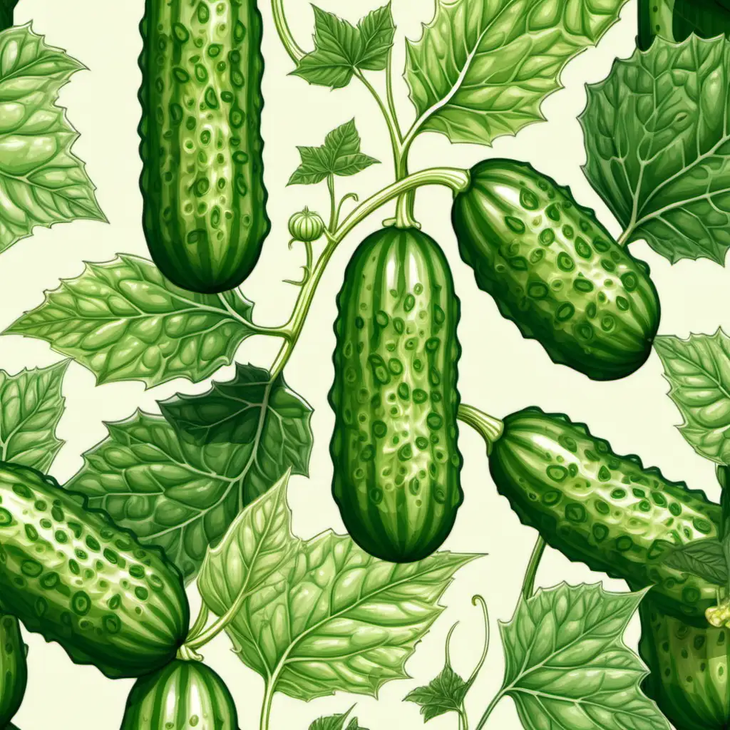 Seamless Repeating Pattern Botanical Illustration of Cucumber Plant