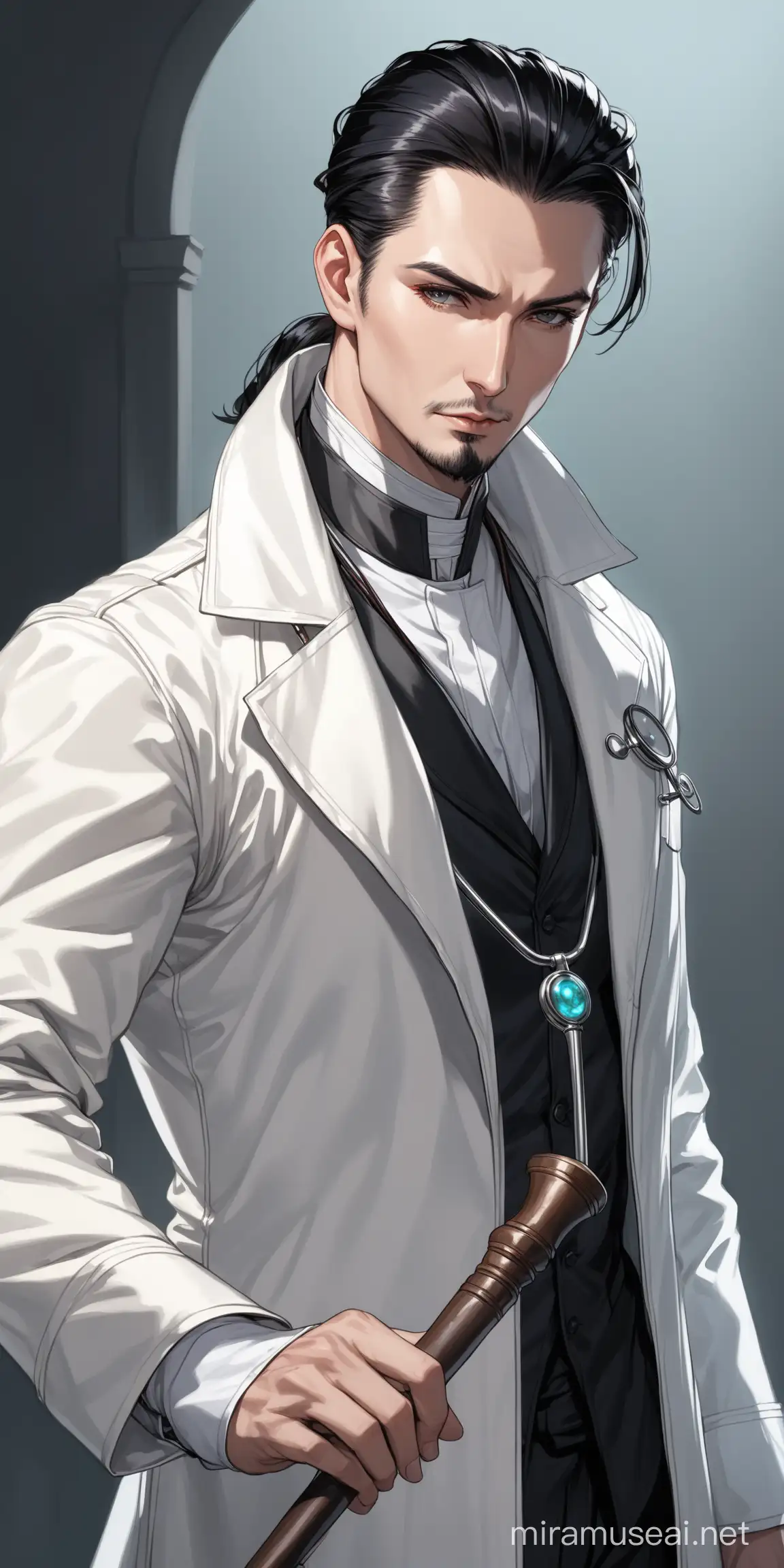 white male doctor with slick pulled back black hair in a long white leather jacket, weilding a cane, fantacy theme. rogue cleric doctor