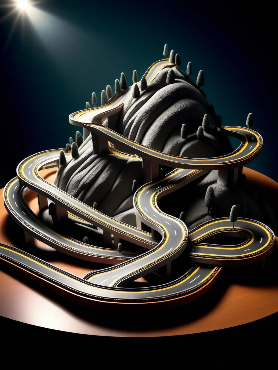 Intricate Toy Highway Sculpture with Dramatic Lighting
