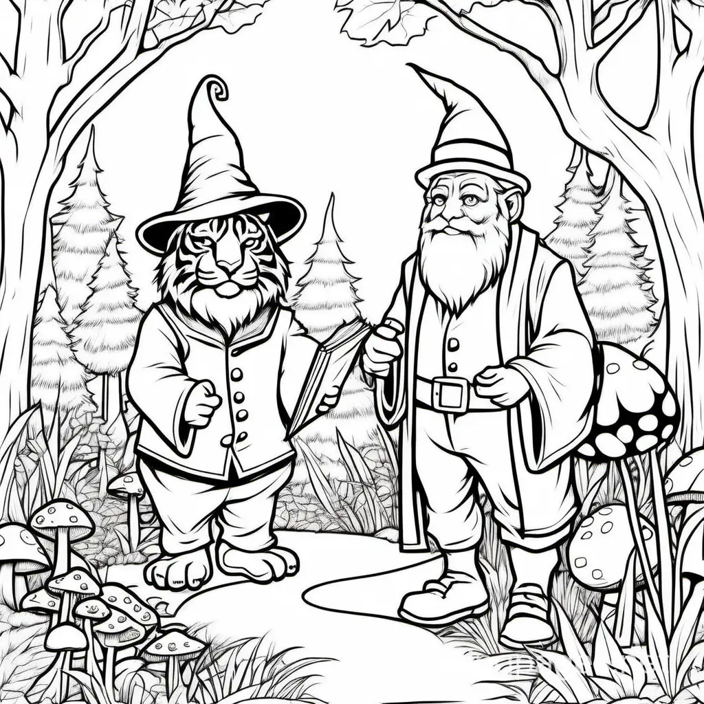 a tiger walking in the forest on a sunny day with a wizard reading a book while talking to a gnome riding a frog in a field of mushrooms, Coloring Page, black and white, line art, white background, Simplicity, Ample White Space. The background of the coloring page is plain white to make it easy for young children to color within the lines. The outlines of all the subjects are easy to distinguish, making it simple for kids to color without too much difficulty