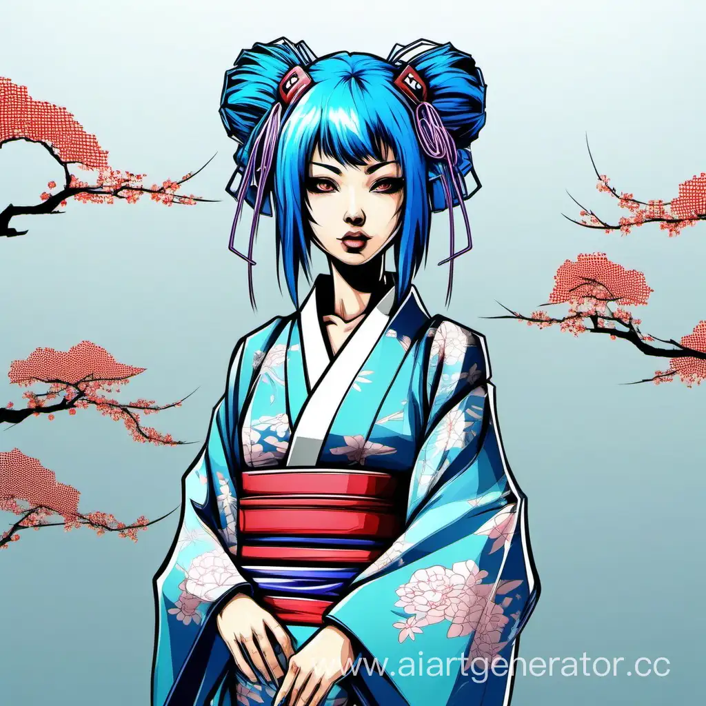 кибер-девушка в кимоно и синими волосами в японском стиле 
