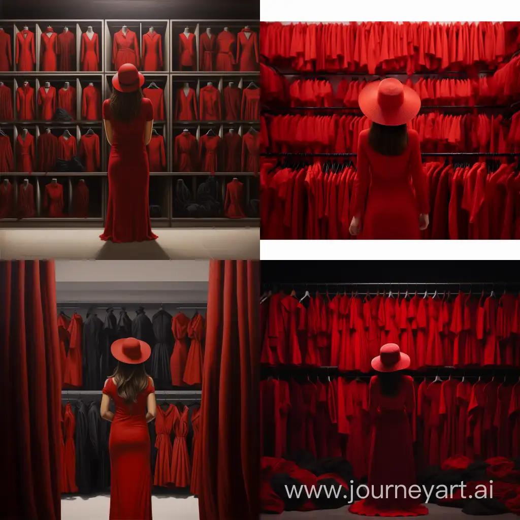 woman without a face in a red dress looking at a shop full of hats