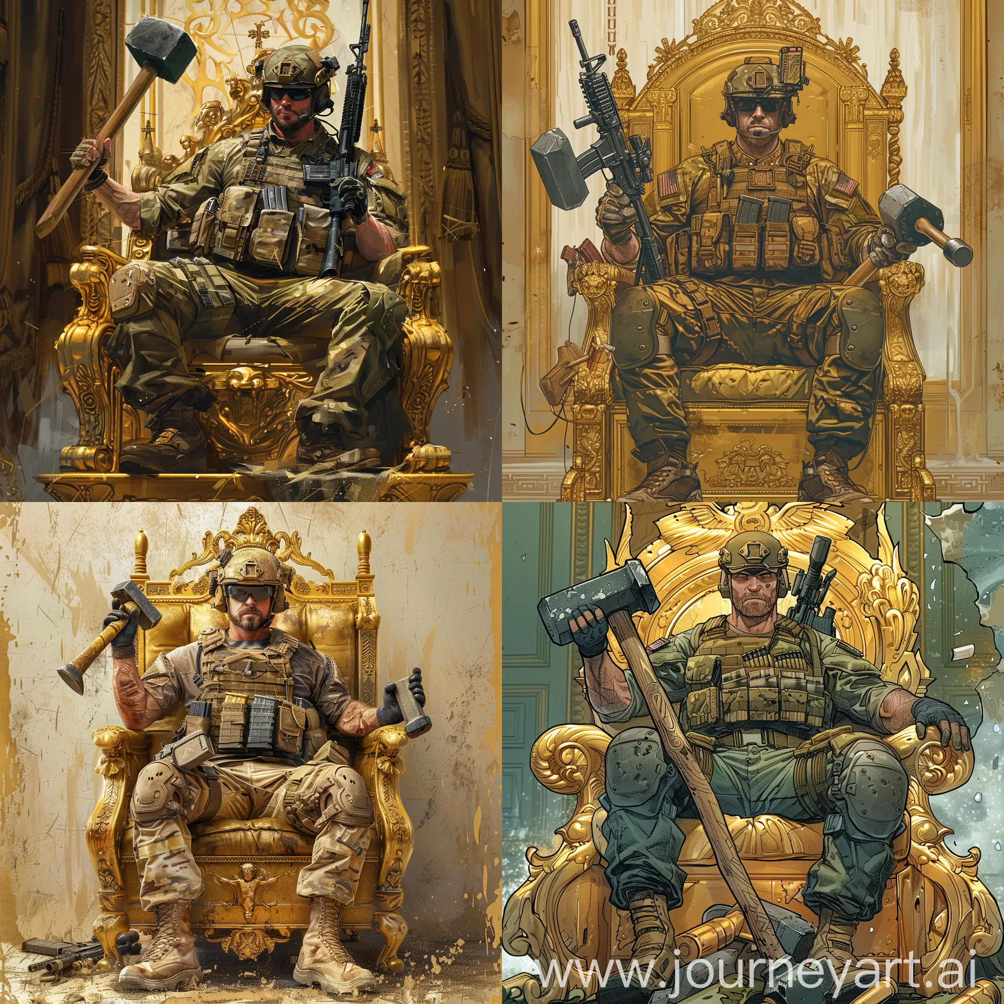 Special-Forces-Soldier-on-Golden-Throne-with-Sledgehammer-and-Rifle