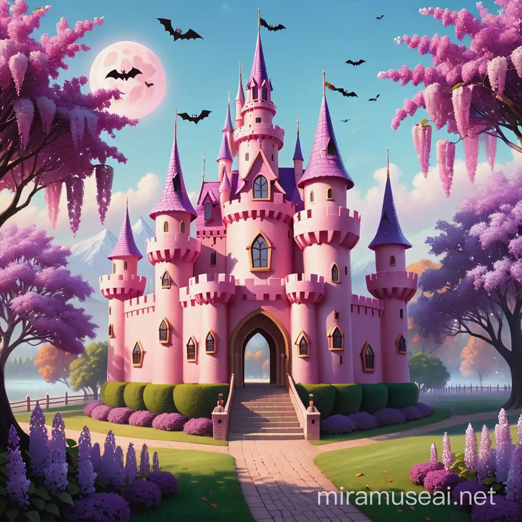 Pink Castle with Lilacs Halloween Town Princess Fantasy Art