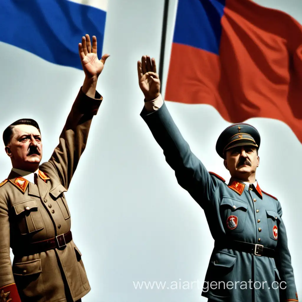 Адольф Гитлер и Иосиф Сталин тянут руку вверх на фоне российского флага 