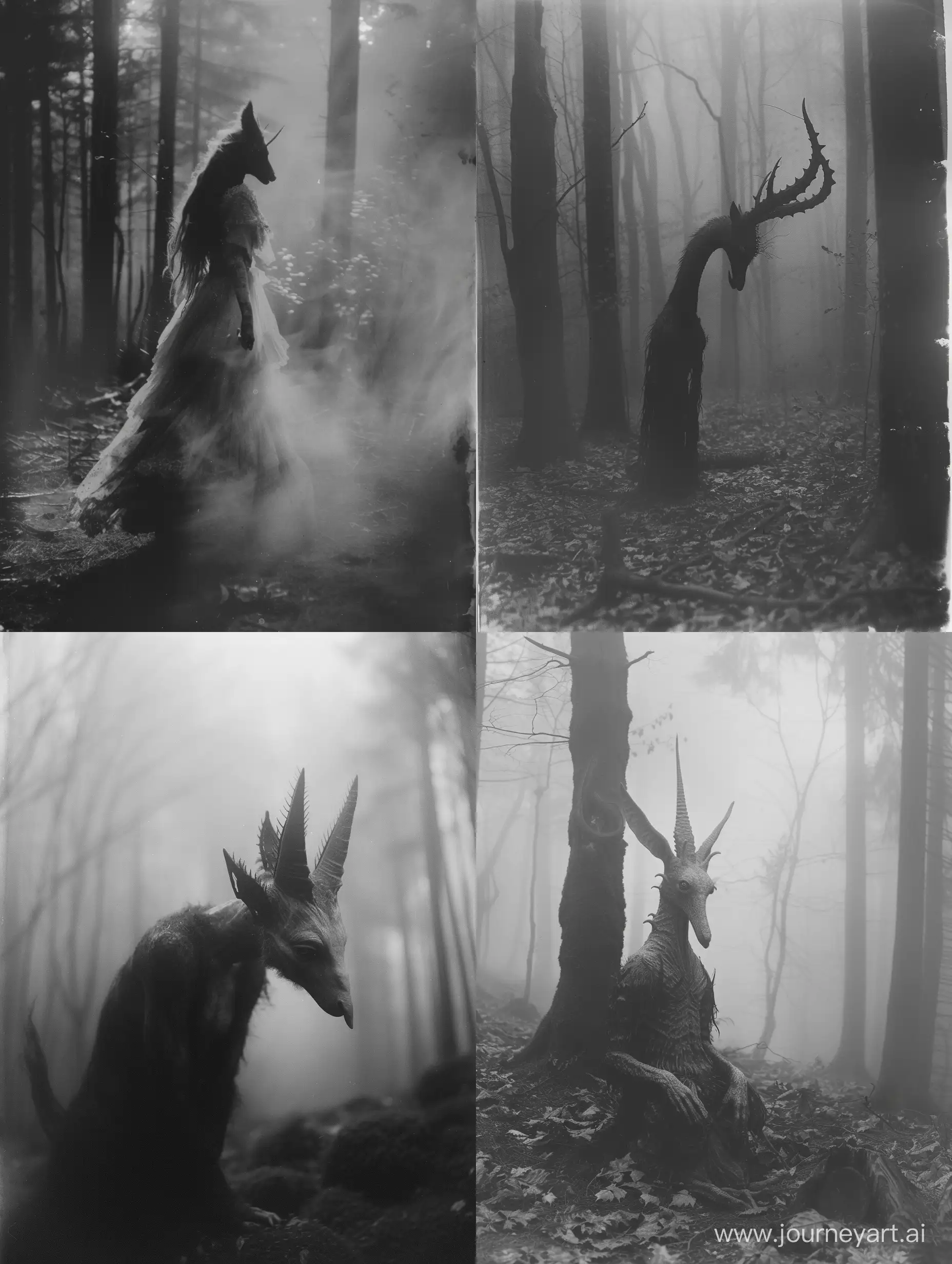 a hauntingly beautiful creature, half-human and half-beast, foggy Forrest, Sinister Awakening, Supernatural Dread, Fey Enigma, Beastly Intrigue, Caged Mysterium, Kenneth anger, lovecraft, Nona limmen, William Mortensen, grayscale, horror core, dark aesthetic, expired 35mm film