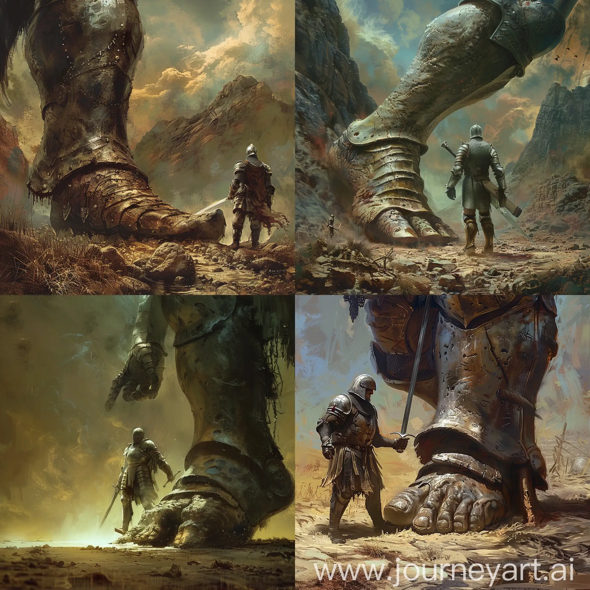 Fantasy arwork of a knight held back a giant foot that was about to step on him