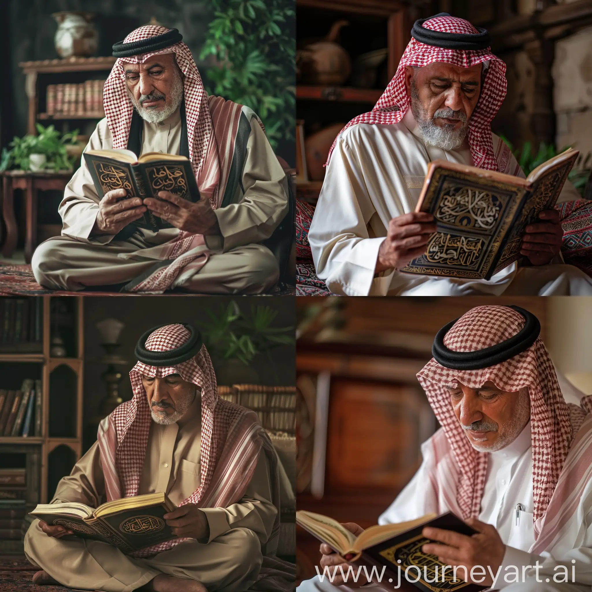 A picture of an arabian man at home reading the Qur’an
