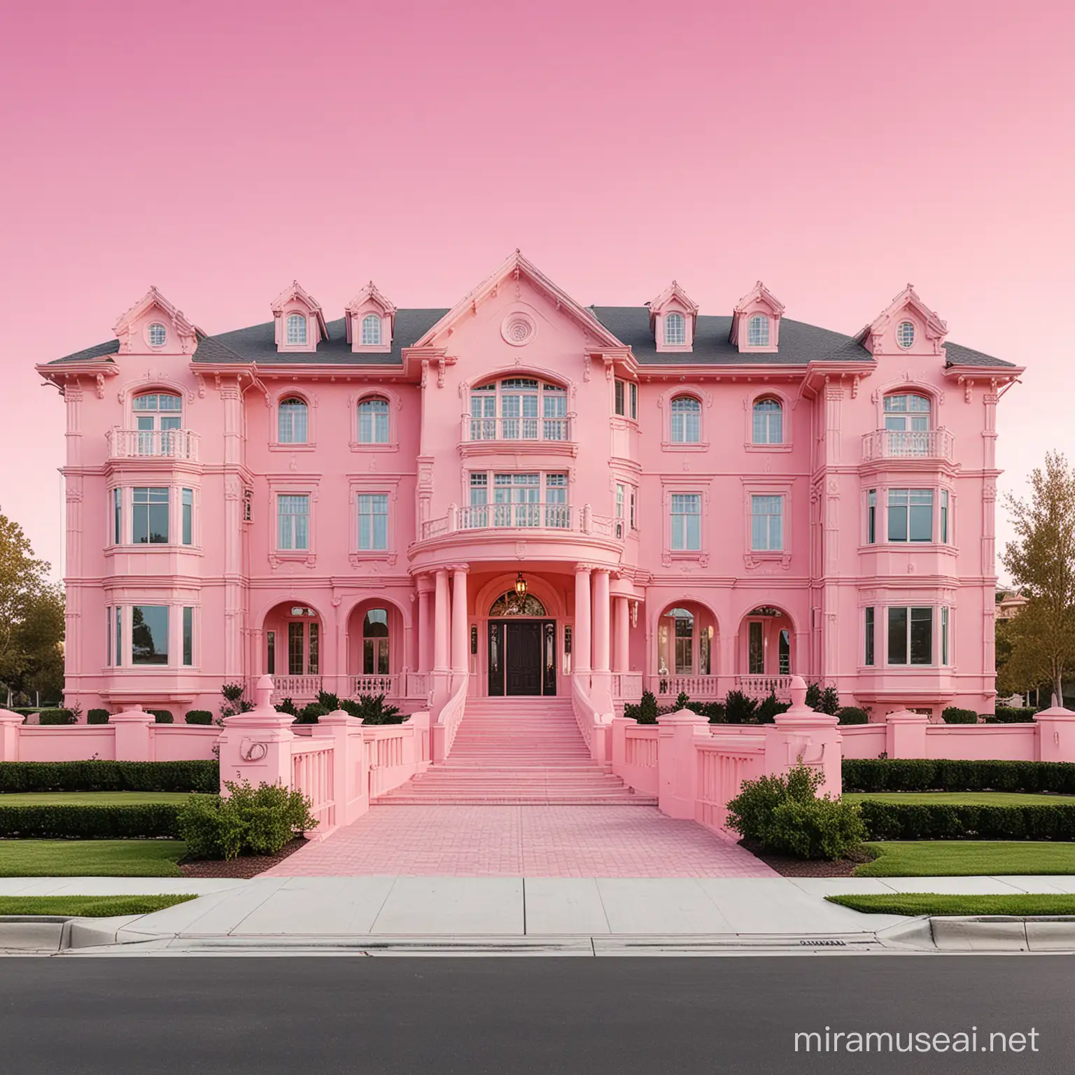 huge pink multi-story dream house mansion, from front view with drive way, no background 