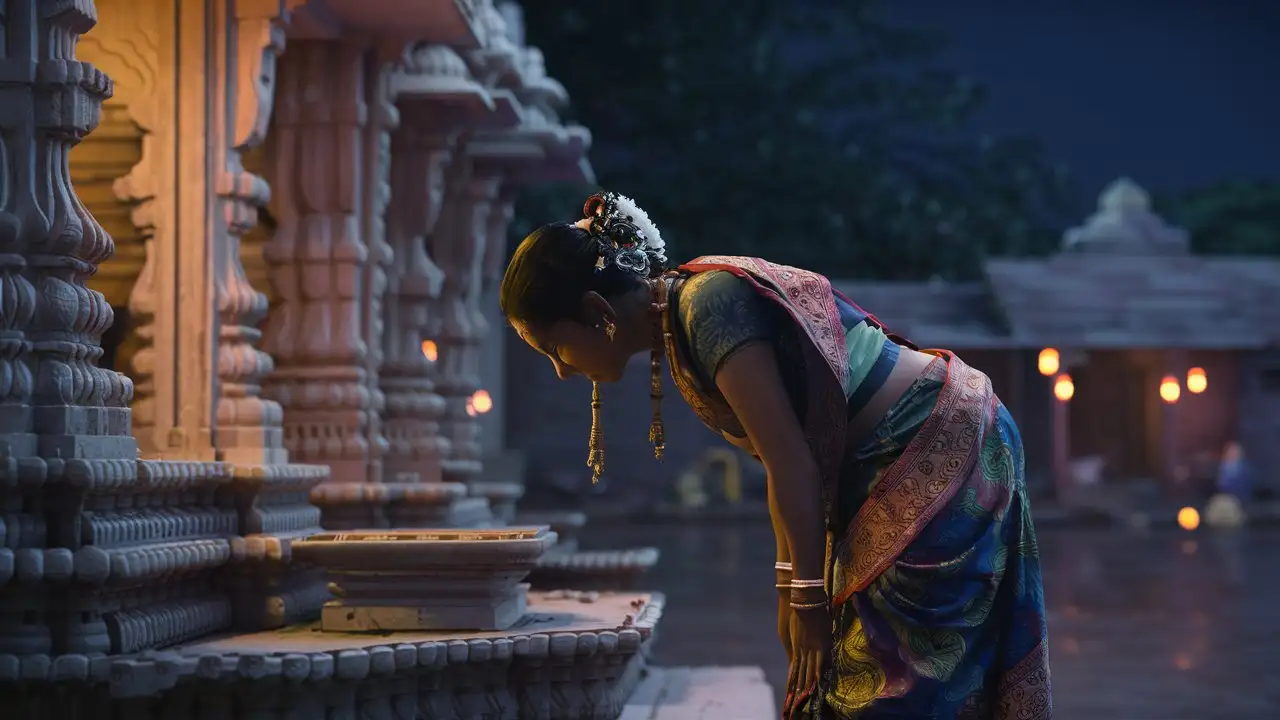 Night Scene Reverent Woman Bowing at Indian Village Temple