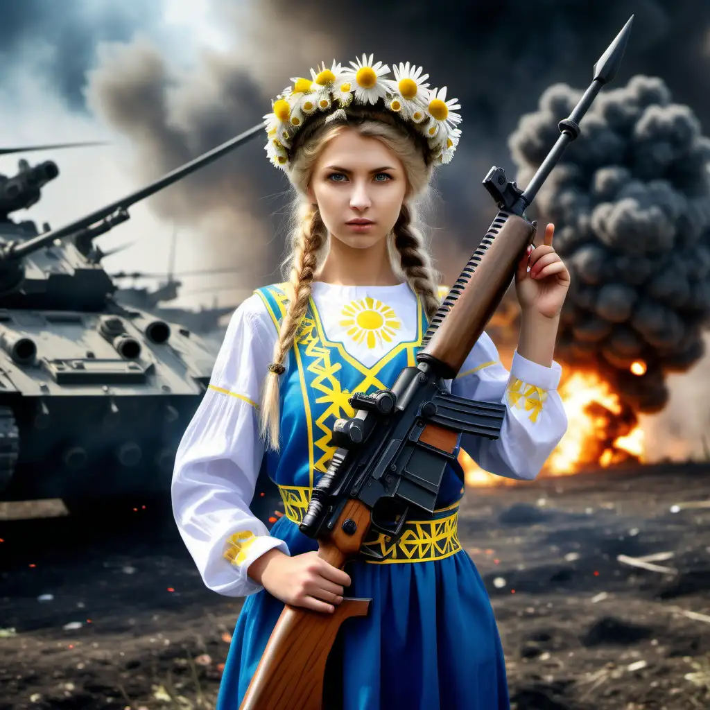 красивая девушка в народной украинской одежде, в венке из ромашки на голове с трезубцем - символом Украины на груди и автоматом в руках. Позади неё идет бой - взрывы, танки и боевые вертолёты