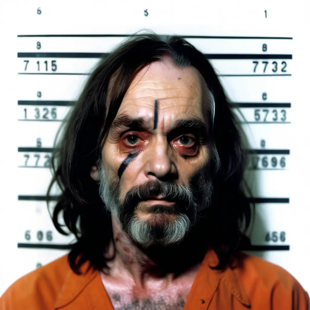 Generate a hyper-realistic color mugshot on Kodak 400 film featuring an individual with brown skin, closely resembling the infamous Charles Manson mugshot. The character's facial expression should convey a sense of madness and instability, akin to Manson's intense and unsettling demeanor.

Ensure that the overall appearance of the mugshot is hyper-realistic in color, capturing fine details and textures characteristic of Kodak 400 film. In the background, include the typical white background with black lines and numbers indicating the height of the subject, providing an authentic backdrop for the character.

This portrayal should emphasize the character's eerie and ominous resemblance to Charles Manson, as if taken during a critical moment in their own criminal journey.
