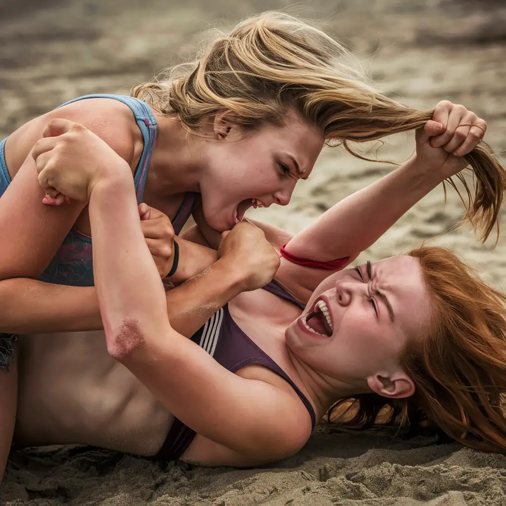 teen girls blonde hair vs redhead  topless in a rolling fight on the beach, pin down, punch to the face, pull hair, hate each other