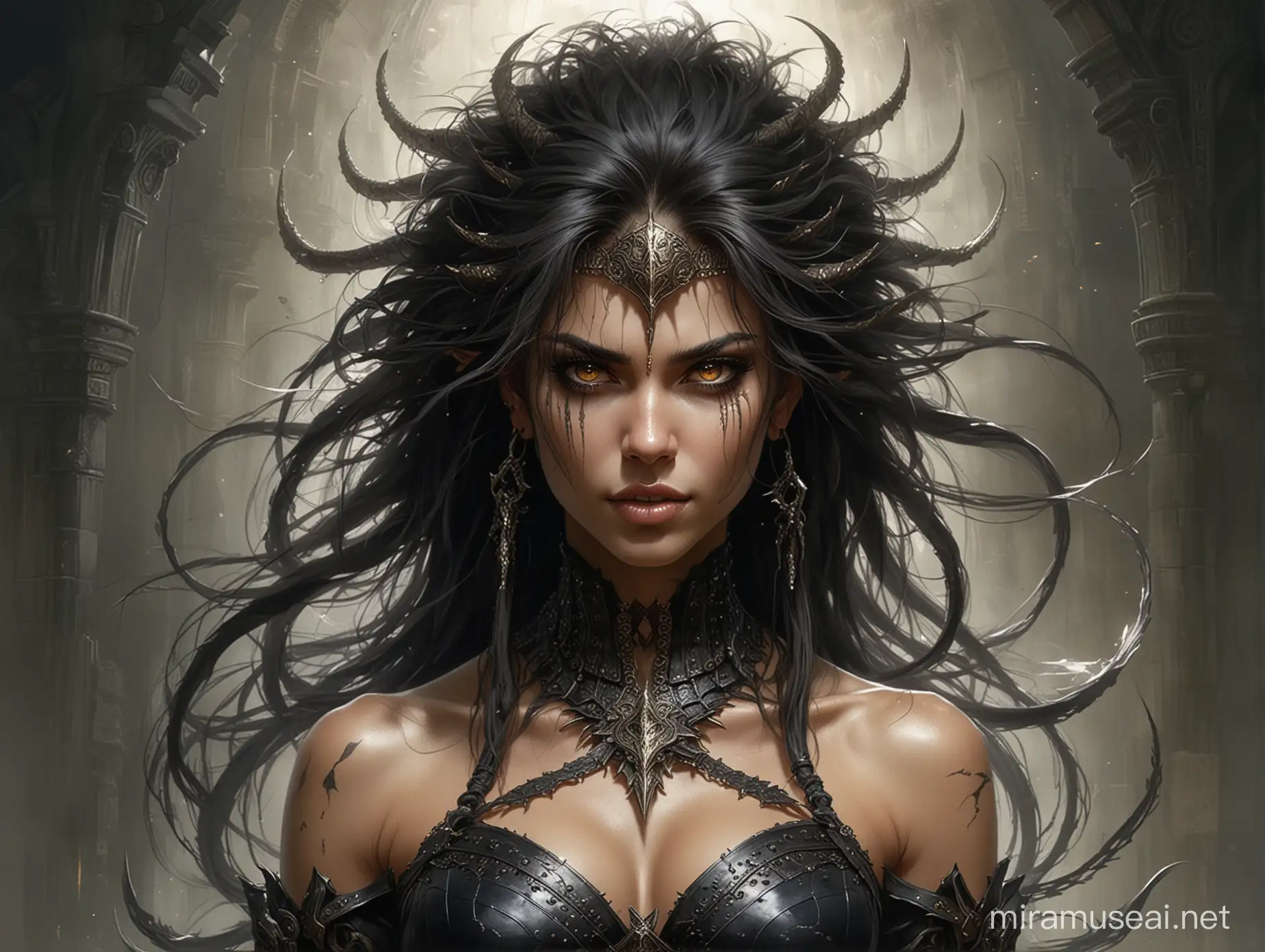 Create a portrait painting of the main antagonist of the demigod, serpentine creature with scales as black as night, glowing eyes like lightning, and razor-sharp teeth. </br> It is impossible to tell its age or gender as it is a mythological creature. 
Style of Medieval fantasy warrior art by Luis Royo. tan, black, tan, blanchedalmond colors. 8K HD.
