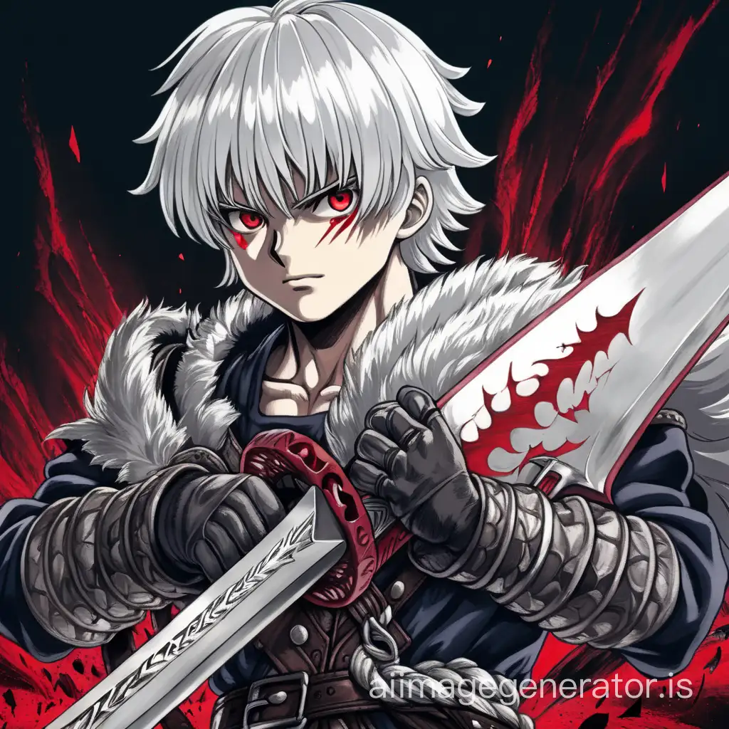 White-haired boy with red eyes and holding a big sword. Anime style Berserk