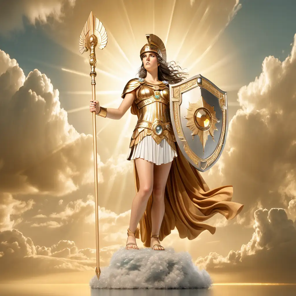 Athena the Majestic Goddess Wielding Crystal Spear and Ornate Shield in Golden Sky
