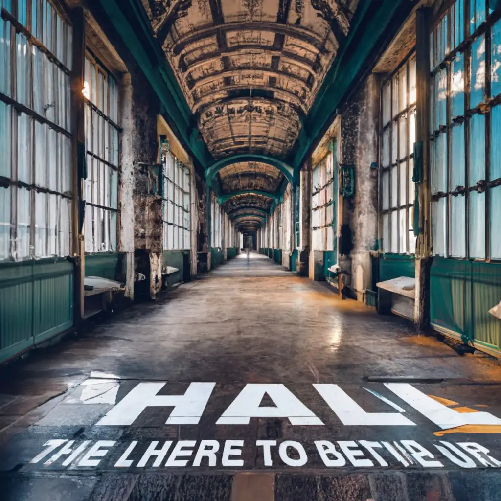 logo, an abandoned hallway, with the text "Hall", typography