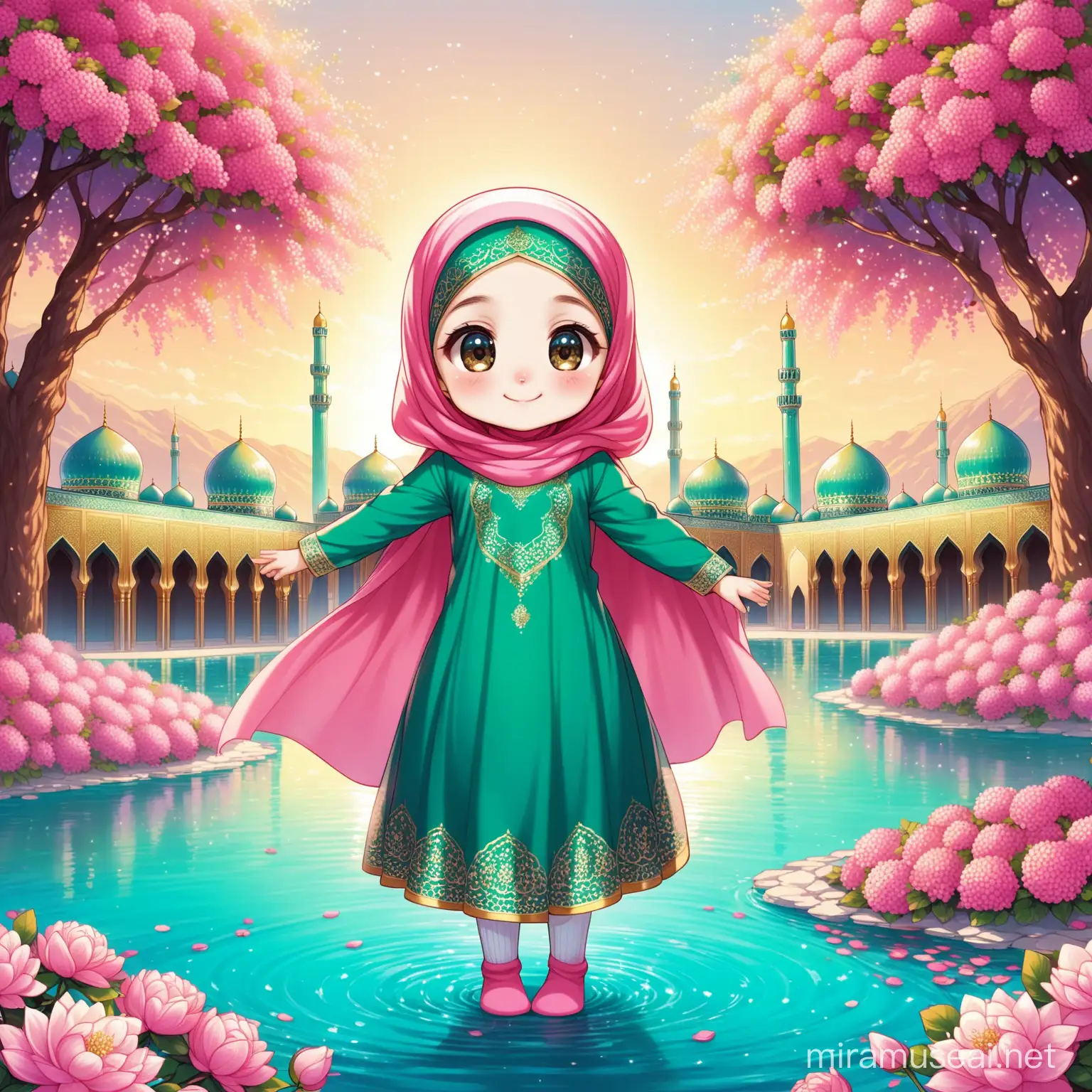 Character Persian little girl(full height, Muslim, with emphasis no hair out of veil(Hijab), smaller eyes, bigger nose, white skin, cute, smiling, wearing socks, clothes full of Persian designs).

Atmosphere shrine of Imam Reza, nice flag of Iran proudly raised and full of many pink flowers, lake, sparing.