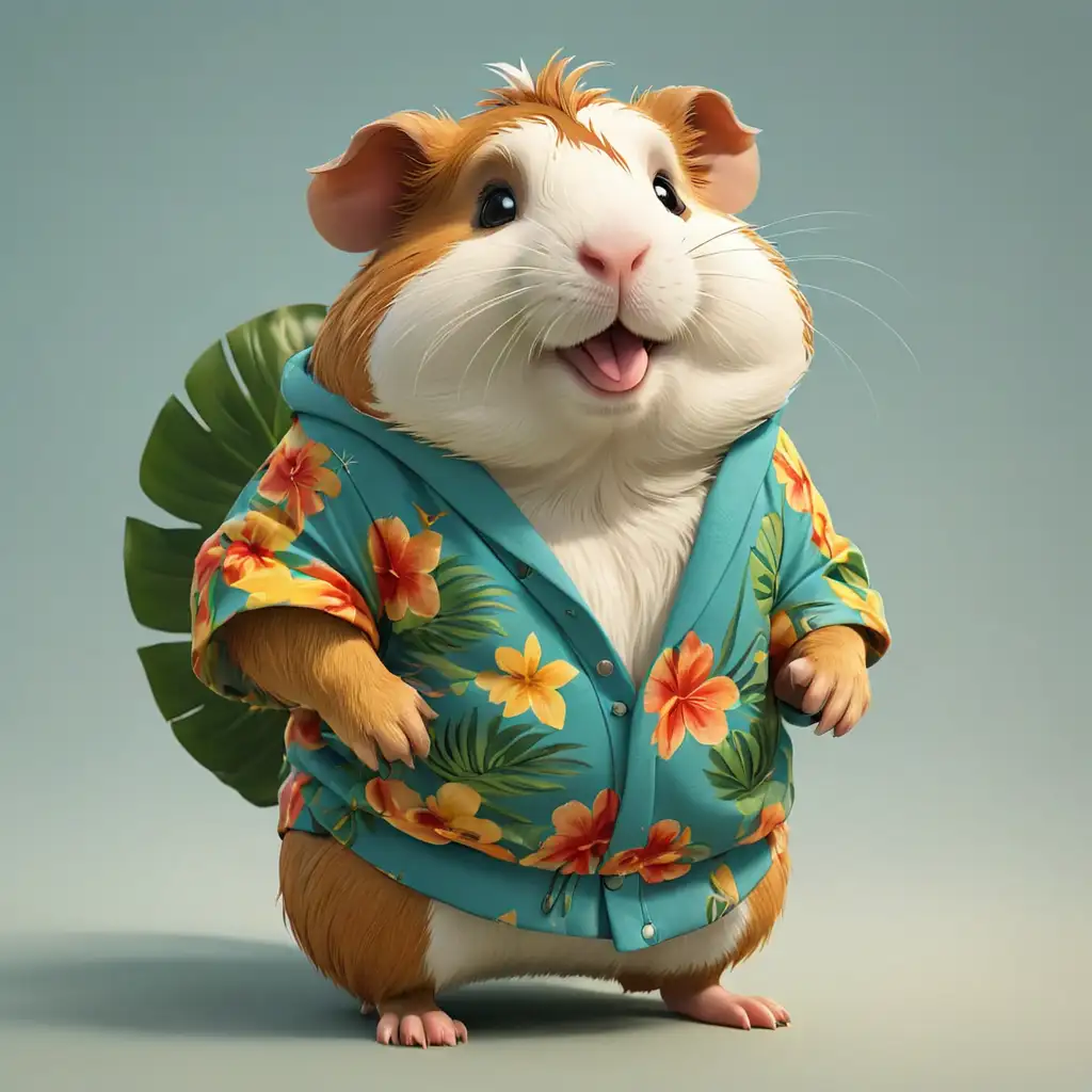 a happy Guinea pig in cartoon style in full body with Tropical  clothes with clear background