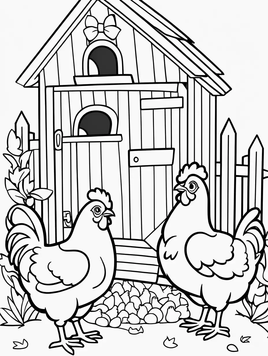 Very easy coloring page for 3 years old toddler. Smile chickens in hen house. Without shadows. Thick black outline, without colors and big  details. White background.