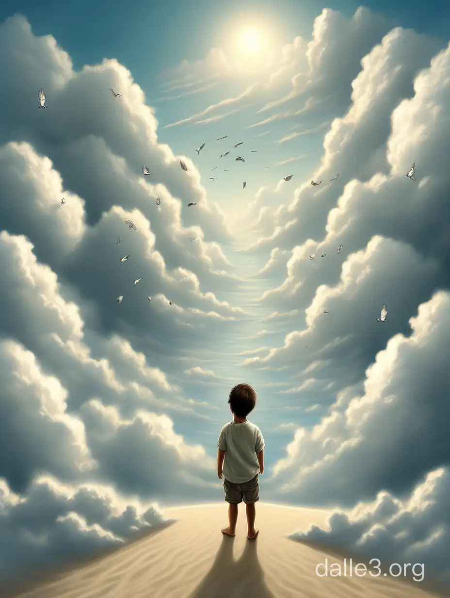 I need a vertical picture for the book cover. It should depict fluffy clouds from above. From these clouds, there should be an outstretched hand holding a feather, which is writing the word "No..." Below, there is a little person sitting with their back to the viewer, and their footprints leading towards them in the sand.