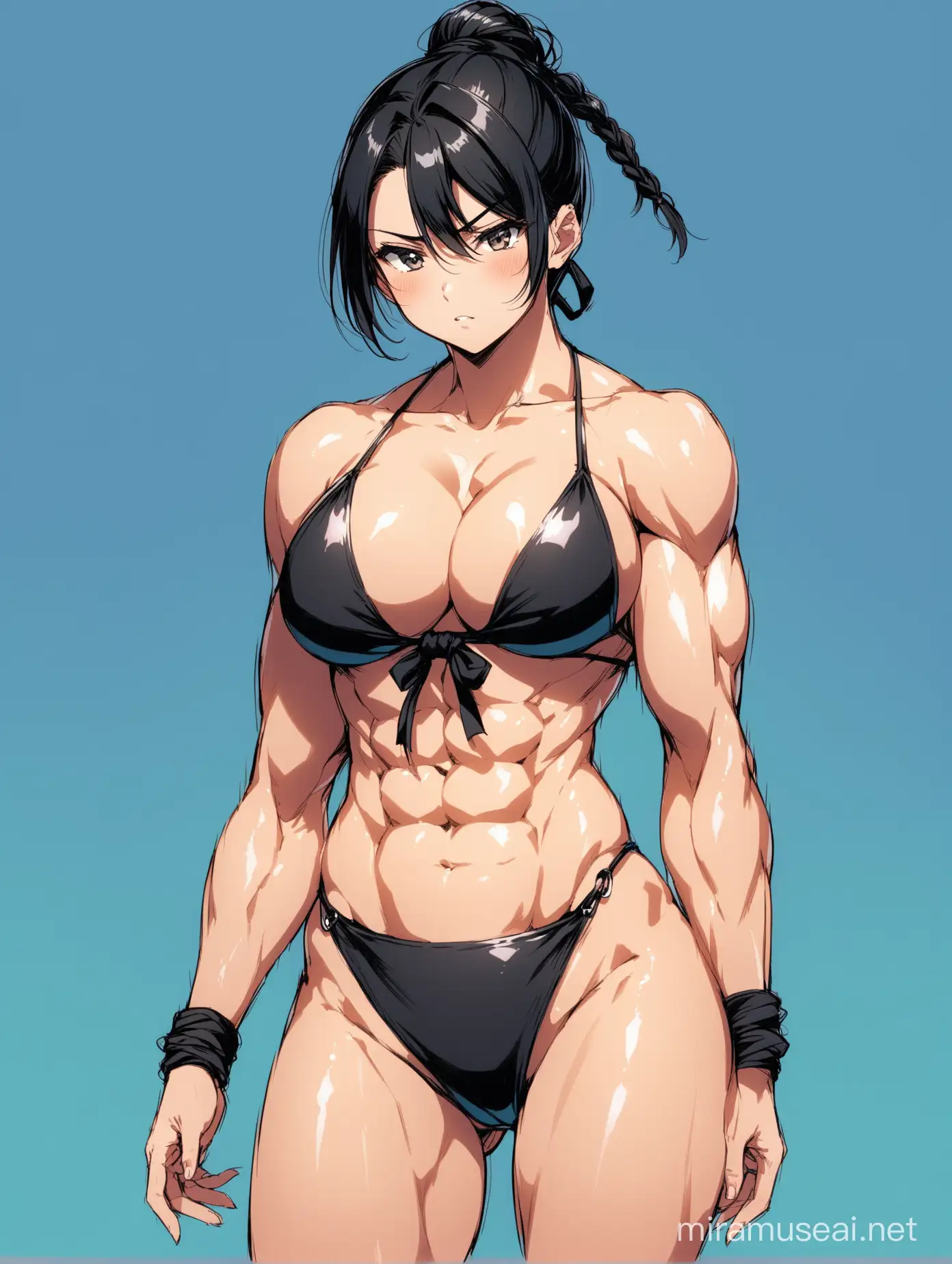 A woman with anime-style black hair tied up , dressed in a swimsuit exposing her muscular body 