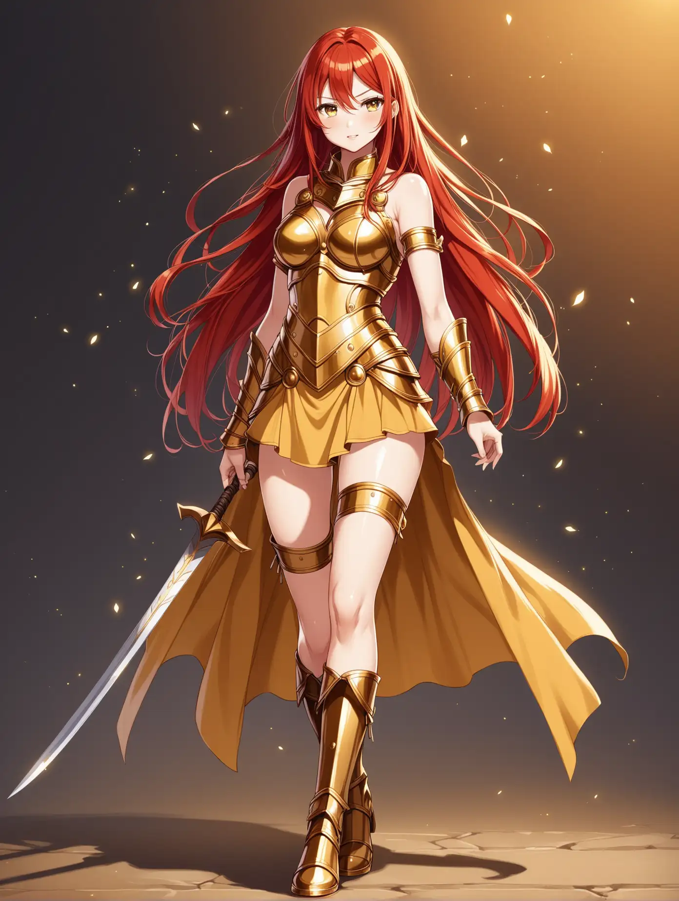 Full body image of a sensual redhead anime gladiator girl with golden outfit, not so long hair in length, wearing boots