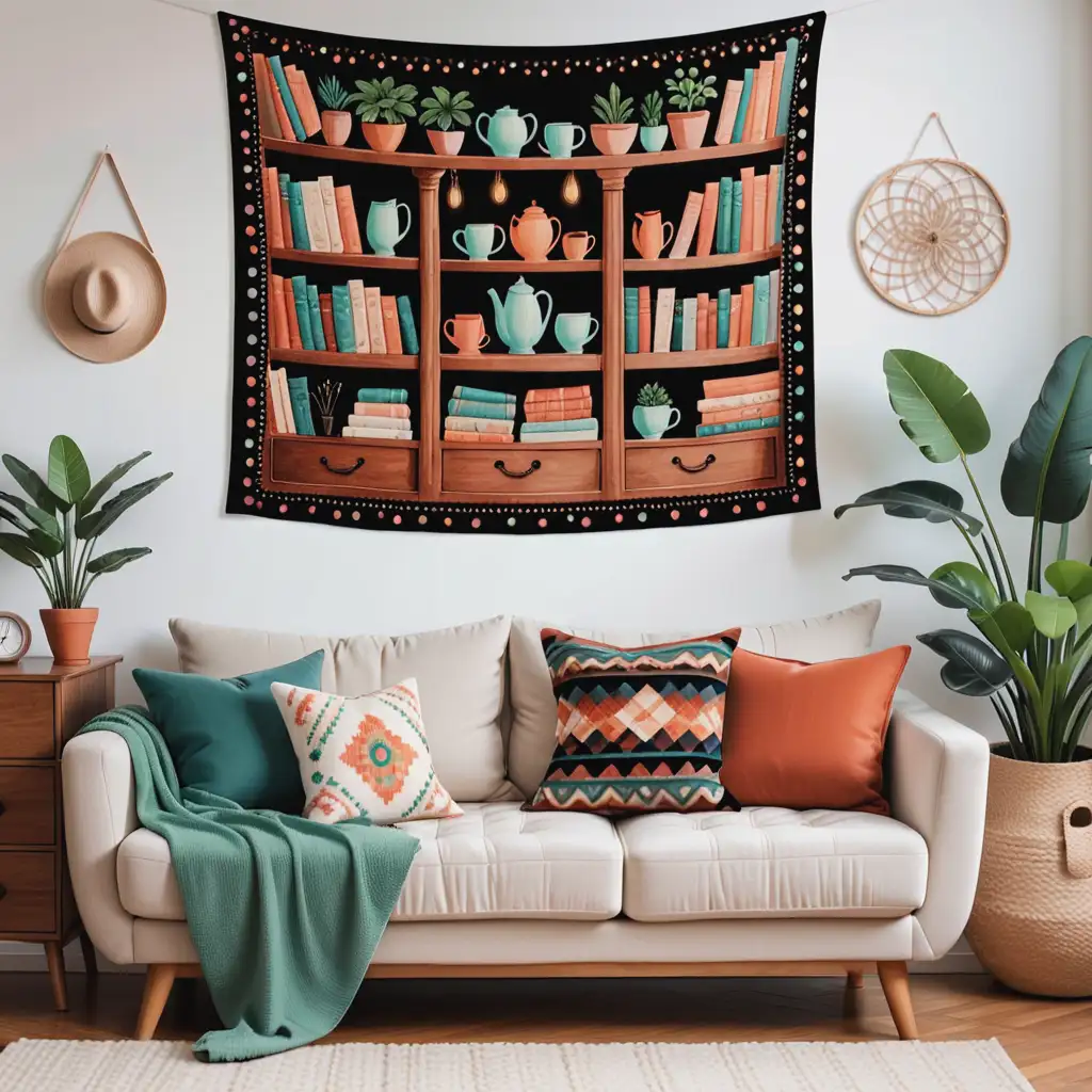 an etsy store banner for a shop that sells print on demand products like tapestries, pillows, circle rugs, shower curtains mugs, phone covers, etc... called Grandma's Junk Drawer of Home Decor