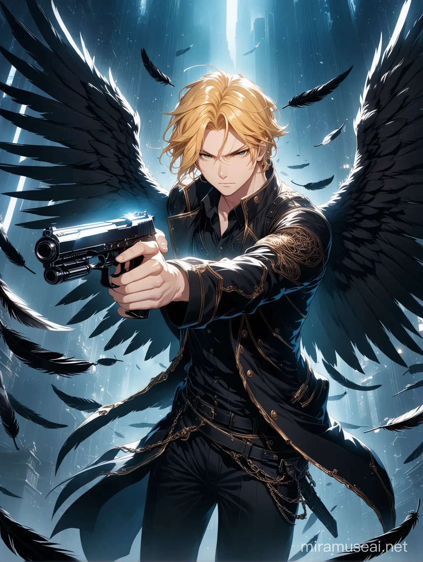 Kyoto animation stylized anime mixed with dark, grim artwork ~young male fallen angel with black wings and blonde hair wearing a modern outfit and pointing a gun at the camera, dynamic pose, serious stern expression, night time, he’s surrounded by black feathers. Cinematic Lighting, dark lighting, ethereal light, intricate details, extremely detailed, complex details, insanely detailed and intricate, hypermaximalist, extremely detailed with rich colors. masterpiece, best quality, aerial view, HDR, UHD, unreal engine. Smooth skin, dark fantasy novel, book cover, ((acrylic illustration by artgerm, by kawacy, by John Singer Sargenti) dark fantasy background, book cover, fair skin, serious expression, rich in details, high quality, gorgeous, dystopian, final fantasy style, gorgeous, glamorous, 8k, super detail, gorgeous light and shadow, detailed decoration, detailed lines,  cinematic, dynamic poses, action,