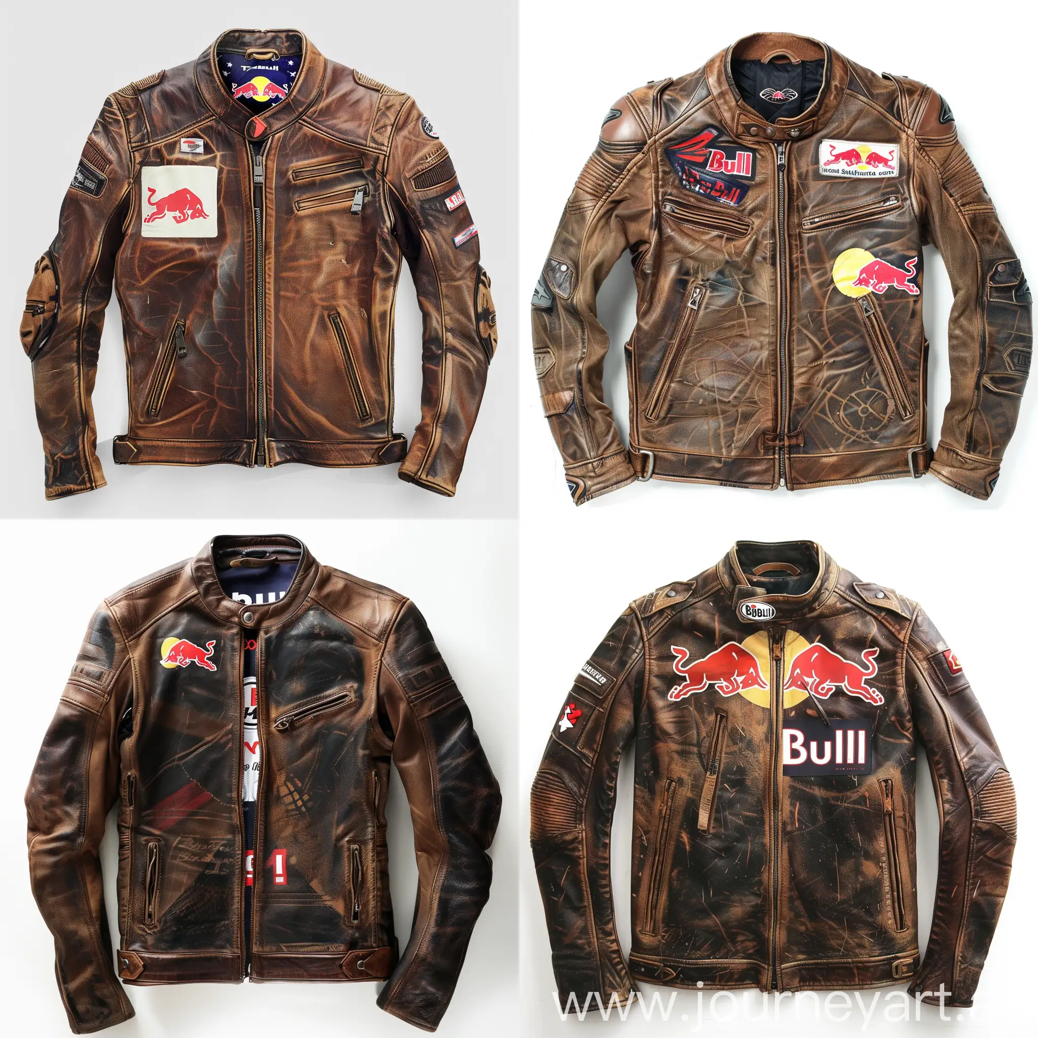 brown leather motorcycle  jacket with red bull advertisement